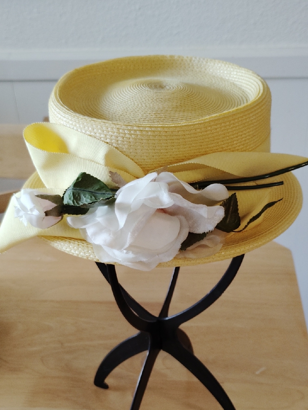 Yellow Floral Straw Boater Hat with White Flower Accent
